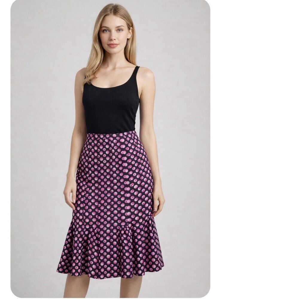 Escada Women's 100% Silk Dot Printed Flared Satin Midi Skirt Size 44 US Size L